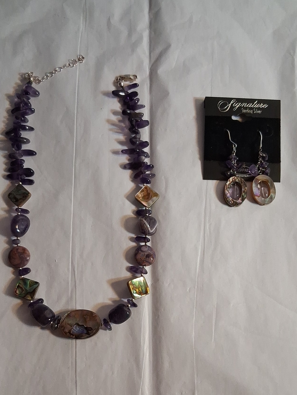 Signature Purple Stone Necklace with Abalone Accents and Matching Earrings